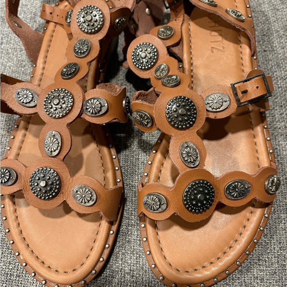 SCHUTZ Tan Leather Sandals with Silver Studs